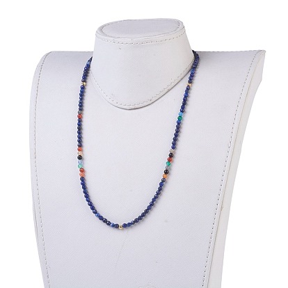 Natural Lapis Lazuli and Agate Beaded Necklaces, with 304 Stainless Steel Lobster Claw Clasps, Chakra, Stainless Steel Color & Golden