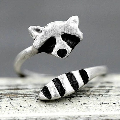 Enamel Raccoon Open Cuff Ring, Silver Alloy Jewelry for Women