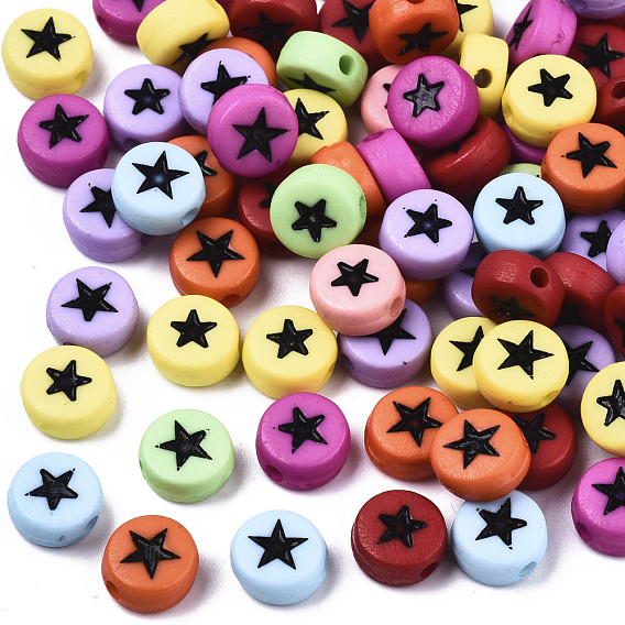 Opaque Acrylic Beads, with Enamel, Flat Round with Star