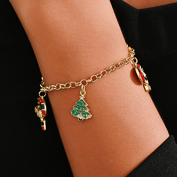 Рождественские браслеты с подвесками из латуни и эмали, браслеты-цепочки Rolo из нержавеющей стали для женщин, рождественская елка, Санта-Клаус и конфетная трость