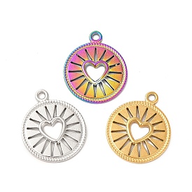 Ion Plating(IP) 304 Stainless Steel Pendants, Flat Round with Hollow Out Heart Charms