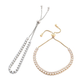 Brass Pave Clear Cubic Zirconia Teardrop Box Chain Slider Bracelets, Nickle Free, Long-Lasting Plated