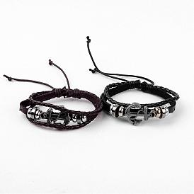 Adjustable Multi-strand Leather Cord Bracelets, with Alloy Findings, Antique Silver Anchor