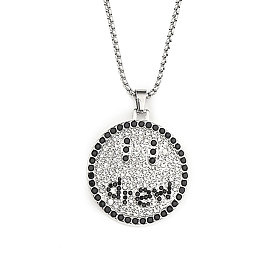 201 Stainless Steel Chain, Zinc Alloy and Rhinestone Pendant Necklaces, Flat Round with Word Drew