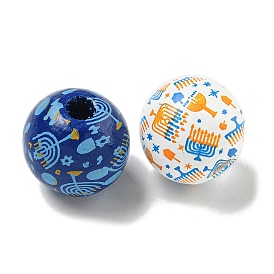 Printed Wood European Beads, Round with Candle Pattern
