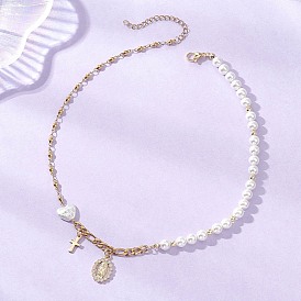 Подвеска в виде креста Девы Марии из прозрачного кубического циркония с микропаве из латуни, Ожерелья из круглых белых жемчужин и натурального жемчуга кеши, изготовленные методом термообработки, с цепочками из нержавеющей стали.