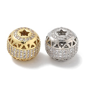 Rack Plating Brass Micro Pave Cubic Zirconia Beads, Long-Lasting Plated, Lead Free & Cadmium Free, Hollow Round