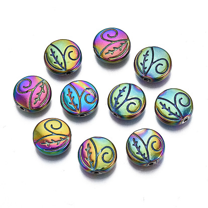 Rack Plating Rainbow Color Alloy Beads, Cadmium Free & Nickel Free & Lead Free, Flat Round with Grass