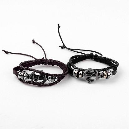 Adjustable Multi-strand Leather Cord Bracelets, with Alloy Findings, Antique Silver Anchor