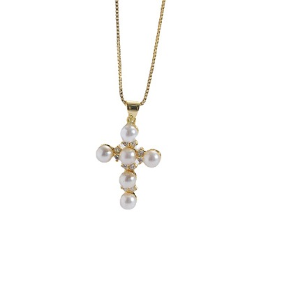 Classic Pearl Cross Necklace with Zirconia, 14k Gold Pendant Chain for Women