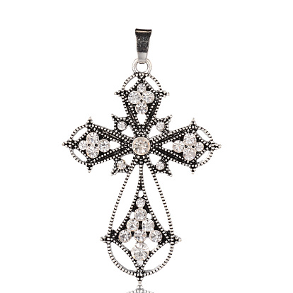 Alloy Latin Cross Clenched Large Gothic Big Pendants, with Rhinestone, 53x37x4mm, Hole: 4x7mm