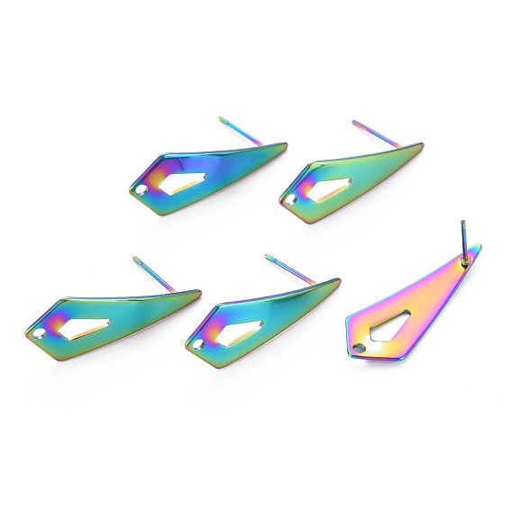 Rainbow Color 304 Stainless Steel Stud Earring Findings, with Hole, Teardrop