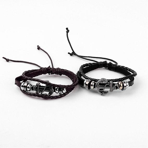 Adjustable Multi-strand Leather Cord Bracelets, with Alloy Findings, Antique Silver Anchor