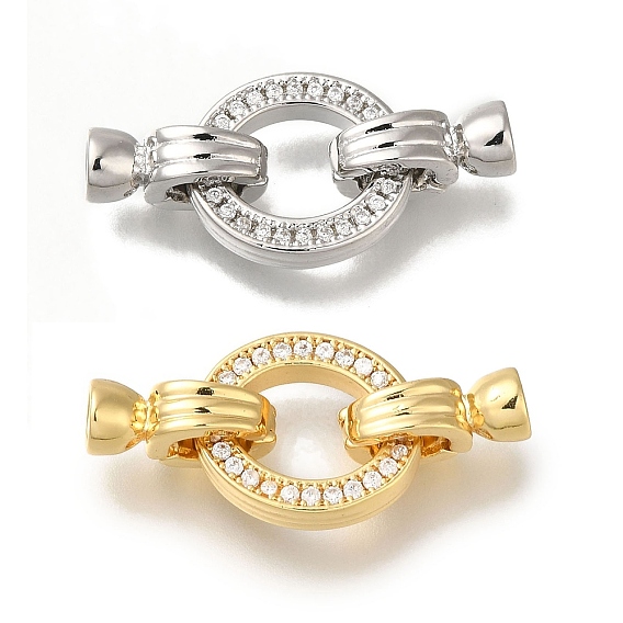 Brass Micro Pave Clear Cubic Zirconia Fold Over Clasps, Cadmium Free & Nickel Free & Lead Free, Ring
