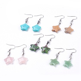 Natural & Synthetic Mixed Gemstone Dangle Earrings, with 304 Stainless Steel Earring Hooks, Star