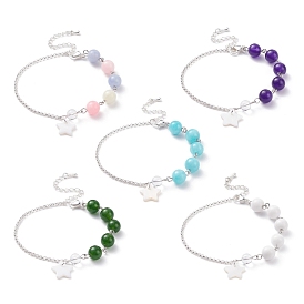 Gemstone Beaded Bracelets, with 304 Stainless Steel Rolo Chains and Shell Pendants, Star