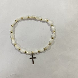 Natural Shell & Brass Beads Stretch Bracelets, with Brass & 304 Stainless Steel Cross Pendants