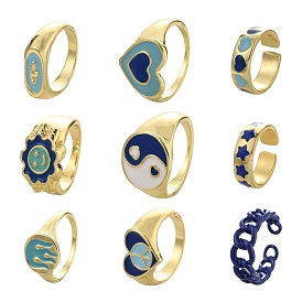 9Pcs 9 Style Alloy Enamel Signet Finger Rings and Cuff Rings Set, Smiling Face & Heart & Star & Yin Yang & Oval Pattern Finger Ring for Women, Cadmium Free & Lead Free, Light Gold