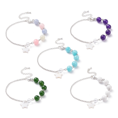 Gemstone Beaded Bracelets, with 304 Stainless Steel Rolo Chains and Shell Pendants, Star