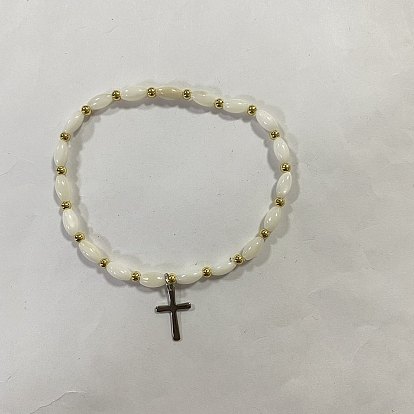 Natural Shell & Brass Beads Stretch Bracelets, with Brass & 304 Stainless Steel Cross Pendants