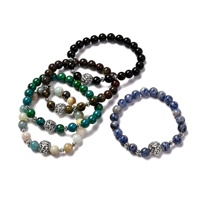 Natural & Synthetic Gemstone Beads Stretch Bracelst for Men Women, with Lion Alloy Bead