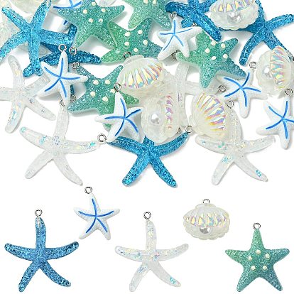 30 шт 5 стили подвески из непрозрачной смолы, морская звезда и форма раковины, с железной платиной петлей