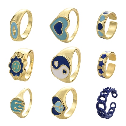 9Pcs 9 Style Alloy Enamel Signet Finger Rings and Cuff Rings Set, Smiling Face & Heart & Star & Yin Yang & Oval Pattern Finger Ring for Women, Cadmium Free & Lead Free, Light Gold