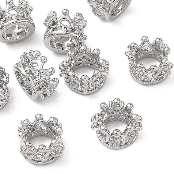 SHEGRACE Brass Micro Pave Clear Cubic Zirconia European Beads, Large Hole Beads, Crown, Cadmium Free & Lead Free & Nickel Free