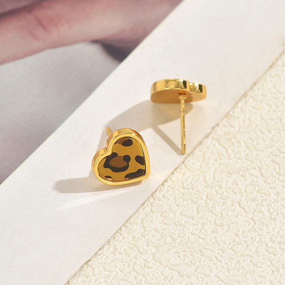 Латунные серьги-гвоздики ко Дню святого Валентина, сердце с печатью леопарда