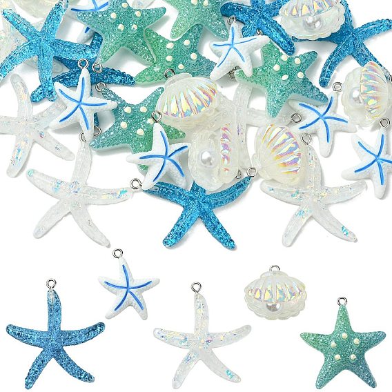 30 шт 5 стили подвески из непрозрачной смолы, морская звезда и форма раковины, с железной платиной петлей