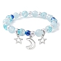 2Pcs 2 Style ABS Plastic Imitation Pearl & Acrylic Beaded Stretch Bracelets Set, Moon & Star Alloy Charms Stackable Bracelets