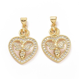 Brass Cubic Zirconia Pendants, Heart with Bees Charm