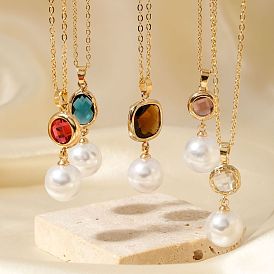 Brass Pave Rhinestone & Imitaiton Pearl Round Pendnat Shiny Women's Necklaces for Women, Golden