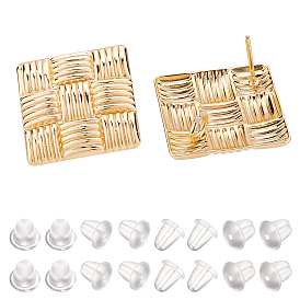 20Pcs Brass Stud Earring Findings, with Loop and Stainless Steel Pins, Nickel Free, Rhombus with Imitation Woven Rattan Pattern, with Ice Pick Pinch Bails, with 70Pcs Plastic Ear Nuts