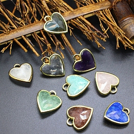 Natural Gemstone Pendants, Faceted Heart Charms with Golden Tone Brass Findings