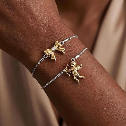 304 Браслет из нержавеющей стали с микропаве из прозрачных кубических цирконий, звенья и цепочка, для женщин, золотые и нержавеющая сталь цвет