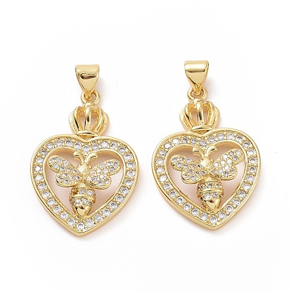 Brass Cubic Zirconia Pendants, Cadmium Free & Lead Free, Heart with Bees Charm