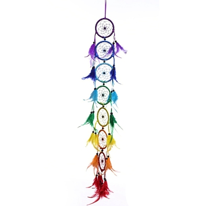 Rainbow Color Woven Web/Net with Feather Wall Hanging Decorations, for Home Bedroom Decorations