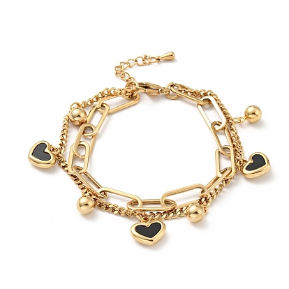 Acrylic Heart and Round Ball Charm Multi-strand Bracelet, Vacuum Plating 304 Stainless Steel Double Layered Chains Bracelet for Women