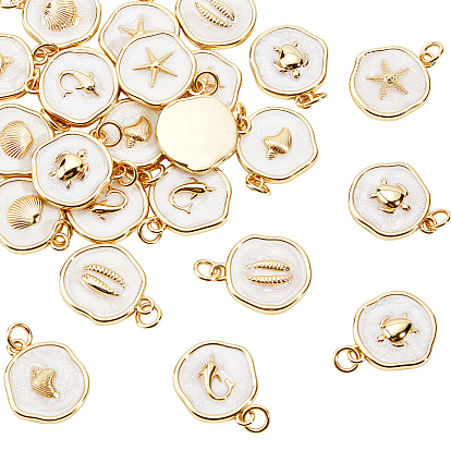 24 шт. 6 стили подвески из латуни с эмалью на морскую тематику, с целью перехода в кольце, реальный 18 k позолоченный, плоские круглые прелести