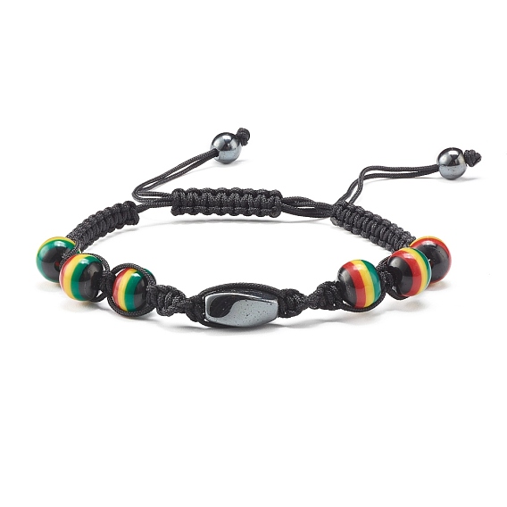 Adjustable Braided Beads Bracelets, with Resin Beads and Non-Magnetic Synthetic Hematite Beads