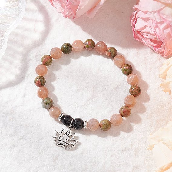 Браслеты из натуральных бусин унакита и лунного камня, браслеты с подвесками в виде лотоса из сплава для мужчин и женщин