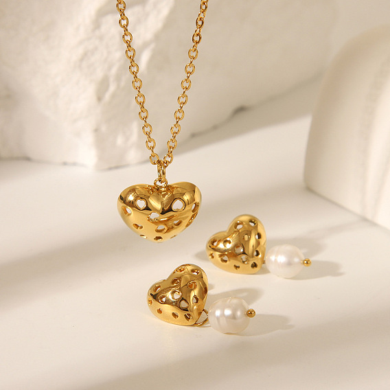 Полое сердце 304 комплекты из серег-гвоздиков и ожерелий с подвесками из нержавеющей стали для женщин