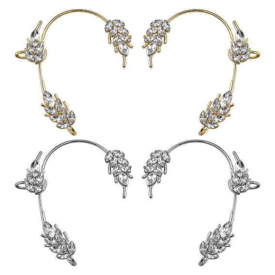 4 шт. 4 стили серьги-манжеты из сплава листьев со стразами, с высоким чувством изгиба