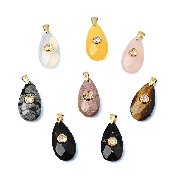 Драгоценный камень подвески, Граненые подвески в форме капли с фурнитурой из прозрачных кубических цирконий, инкрустированной латунью методом микропаве., золотые, стойки покрытие