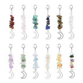 Gemstone Chips Pendant Decoration, with Zinc Alloy Moon, Lobster Claw Clasps Charm, for Keychain, Purse, Backpack Ornament