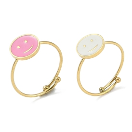 Flat Round with Smiling Face 304 Stainless Steel Enamel Ring, 316 Surgical Stainless Steel Open Cuff Ring for Women, Real 18K Gold Plated
