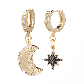 Brass Micro Pave Cubic Zirconia Huggie Hoop Earrings, Asymmetrical Earrings, Moon & Star