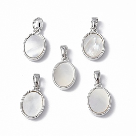 Platinum Tone Brass Charms, with Freshwater Shell, Nickel Free, Oval/Flat Round Charm