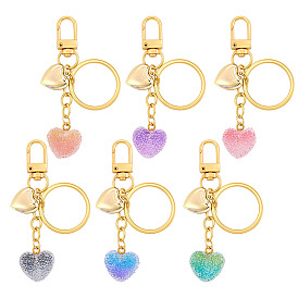 6 pièces 6 couleurs résine transparente avec 304 porte-clés pendentif cœur en acier inoxydable, avec anneaux brisés en alliage et fermoirs pivotants